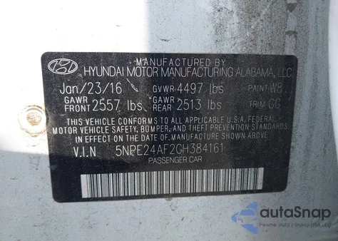 2016 Hyundai Sonata Se z USA, uszkodzony, nr VIN 5NPE24AF2GH384161